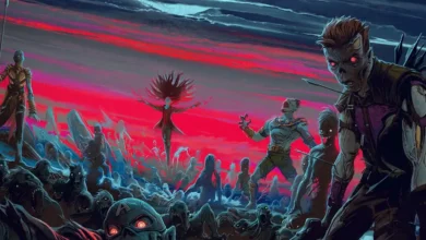 Arte promocional da série animada Marvel Zumbis (Marvel Zombies), mostrando heróis da Marvel em versão zumbi em cenário apocalíptico.