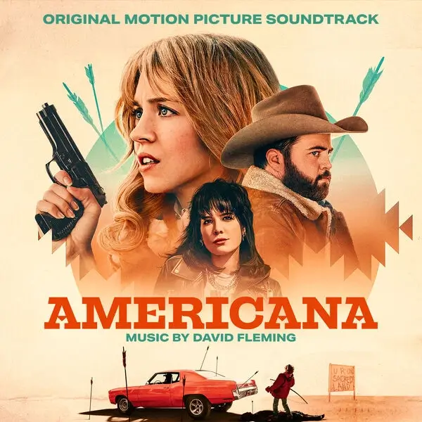 Capa da trilha sonora original do filme Americana (2023) com Sydney Sweeney segurando uma arma, ao lado de um homem de chapéu cowboy e uma mulher morena, com carro clássico vermelho e paisagem desértica ao fundo