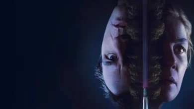 Rosamund Pike e Matthew Rhys em close-up promocional do thriller Hallow Road: Caminho Sem Volta (2025).