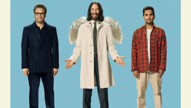 Seth Rogen, Keanu Reeves e Aziz Ansari em imagem promocional do filme Quando o Céu se Engana (Good Fortune), comédia e fantasia dirigida por Ansari.