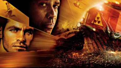 Arte promocional de Incontrolável (2010) com trilho em chamas, trem desgovernado e protagonistas em destaque