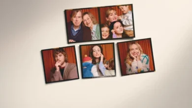 Fotos estilo polaroid do elenco de Adeus, June, drama da Netflix dirigido por Kate Winslet, mostrando momentos familiares com o elenco