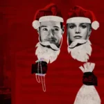 Imagem de divulgação de “Feliz Assalto” (Jingle Bell Heist), nova produção original da Netflix que mistura comédia romântica, crime e clima natalino em Londres, mostrando dois personagens com estética estilizada usando gorros de Papai Noel.