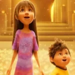 Cena da animação Nos Seus Sonhos, da Netflix, com duas crianças admiradas em um mundo dourado mágico.