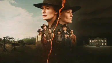 Imagem promocional de Os Abandonados (The Abandons), nova série de faroeste da Netflix estrelada por Lena Headey e Gillian Anderson, com o elenco dividido entre luz e escuridão.