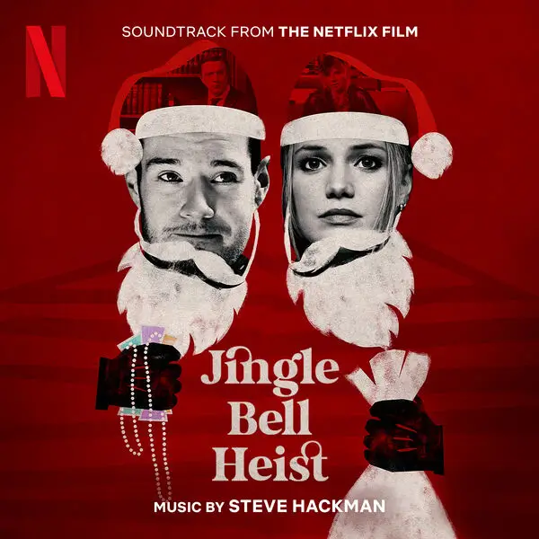 Capa da trilha sonora de Feliz Assalto (Jingle Bell Heist), destacando Ator Connor Swindells e Atriz Olivia Holt em arte promocional natalina, com design gráfico em vermelho e elementos de Papai Noel, acompanhada dos créditos de música por Steve Hackman.