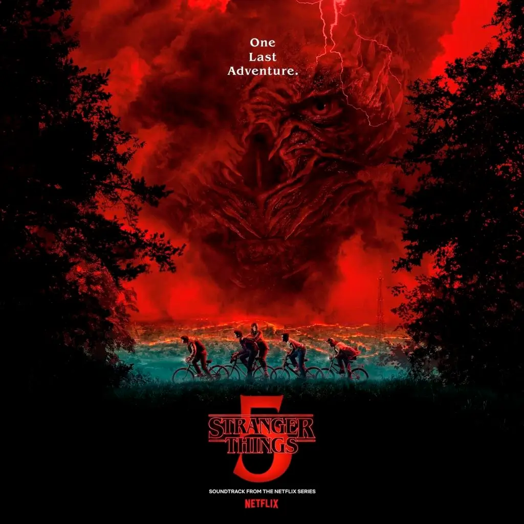 Capa oficial da trilha sonora de Stranger Things 5 Capa oficial da trilha sonora de Stranger Things 5 com os protagonistas pedalando diante de um céu vermelho e a figura ameaçadora do vilão na fumaça.