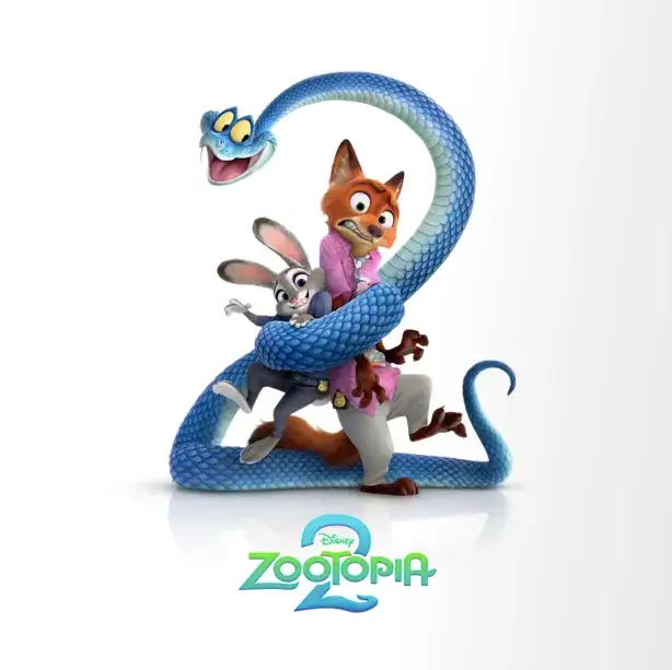 Capa da trilha sonora de Zootopia 2 com Judy Hopps e Nick Wilde cercados por uma cobra azul formando o número 2.