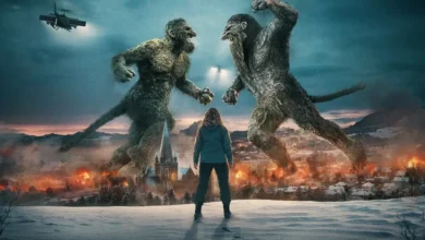 Cena épica de O Troll da Montanha 2 com dois trolls gigantes em batalha enquanto a protagonista observa a destruição na cidade ao fundo.