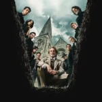 Pôster promocional de Vivo ou Morto: Um Mistério Knives Out mostrando elenco liderado por Andrew Scott cercado por atores em cenário gótico com igreja ao fundo