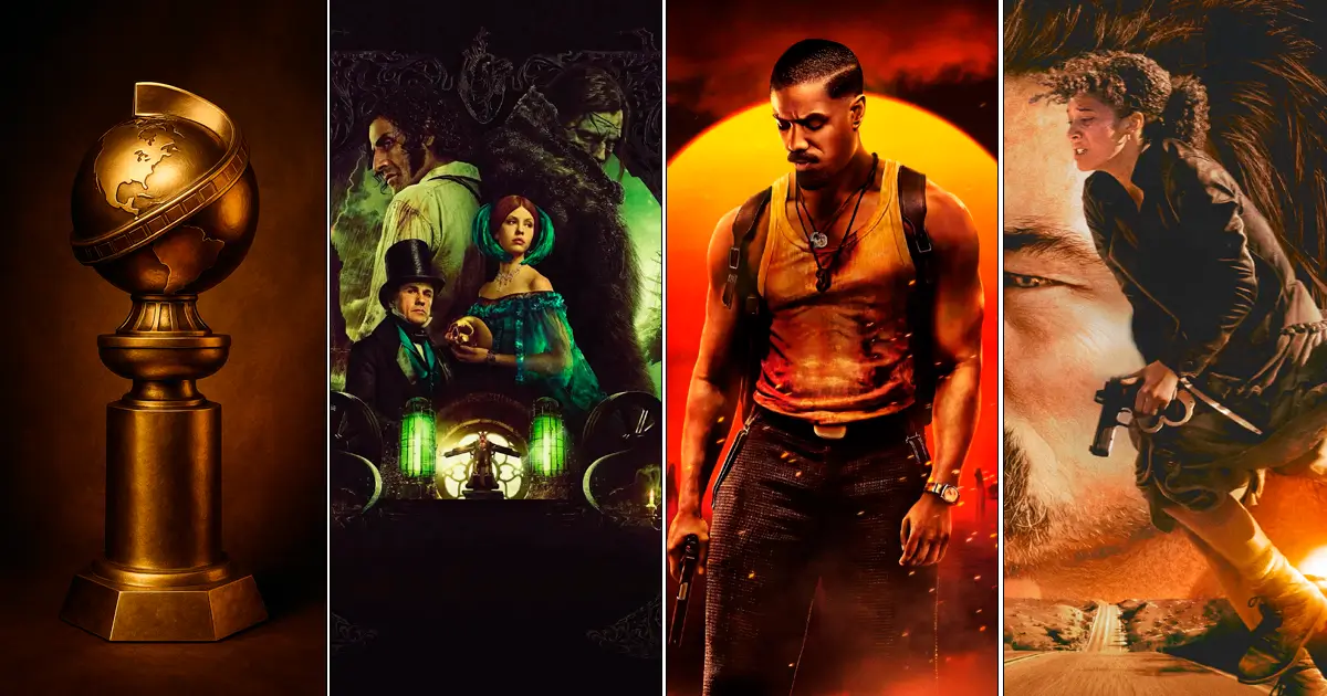 Montagem com cenas de Frankenstein, Pecadores e Uma Batalha Após a Outra, filmes indicados à categoria de Melhor Trilha Sonora Original do Globo de Ouro 2026.