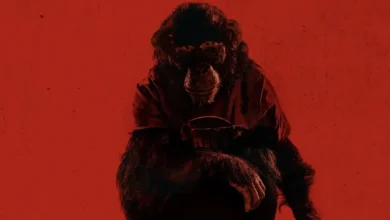 Imagem promocional do filme de terror O Primata (Primate), dirigido por Johannes Roberts, com criatura ameaçadora em cenário vermelho, estreia em 2026.