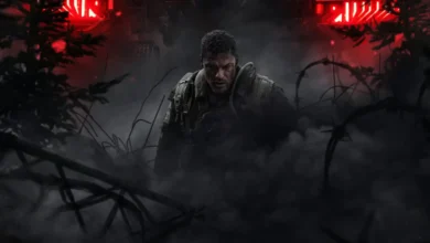 Personagem de Alan Ritchson em cena sombria do filme Máquina de Guerra (2026), produção original da Netflix ambientada em cenário de guerra futurista.
