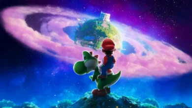 Mario e Yoshi observam planeta no espaço em imagem de Super Mario Galaxy: O Filme, animação da Nintendo que estreia em 1º de abril no Brasil