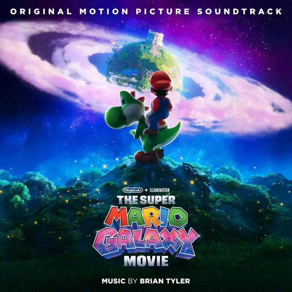 Capa da trilha sonora de Super Mario Galaxy: O Filme (2026) com Mario e Yoshi no espaço, música de Brian Tyler