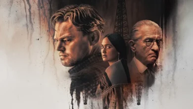 Leonardo DiCaprio, Lily Gladstone e Robert De Niro em pôster oficial de divulgação de Assassinos da Lua das Flores (2023), filme dirigido por Martin Scorsese.