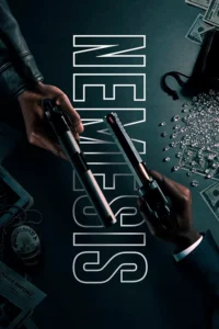 Pôster oficial da série Nêmesis (2026), thriller policial da Netflix com armas, dinheiro e diamantes em destaque