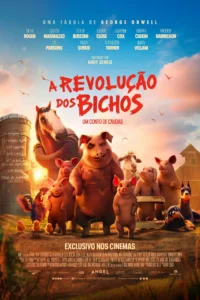 Pôster oficial de A Revolução dos Bichos, com animais da fazenda liderados por porcos e cavalo em destaque, filme dirigido por Andy Serkis