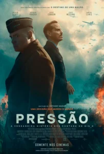 Pôster oficial de Pressão (2026) com Andrew Scott e Brendan Fraser em destaque durante os preparativos para o Dia D, cercados por aeronaves militares e um cenário de guerra.