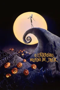 Pôster de O Estranho Mundo de Jack (1993) com Jack Skellington sobre a colina em espiral diante da lua cheia em Halloween Town
