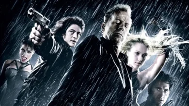 Bruce Willis, Jessica Alba, Clive Owen e elenco principal em imagem promocional de Sin City: A Cidade do Pecado (2005), filme noir dirigido por Robert Rodriguez e Frank Miller.