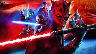 Darth Maul em destaque com sabre de luz duplo vermelho em Star Wars: Maul – Lorde das Sombras, cercado por personagens e cenários do universo Star Wars criado por George Lucas
