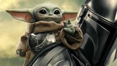 Grogu ao lado do Mandaloriano em imagem promocional de Star Wars: O Mandaloriano e Grogu (2026)