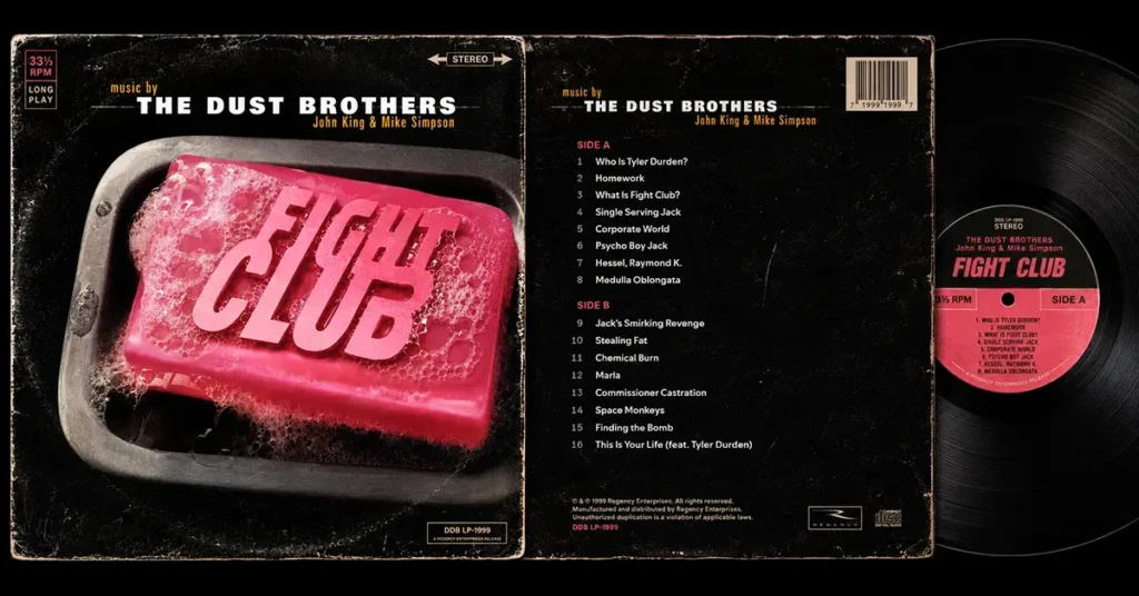 Arte de vinil da trilha sonora de Clube da Luta com sabonete rosa icônico, disco LP e lista de faixas composta por The Dust Brothers