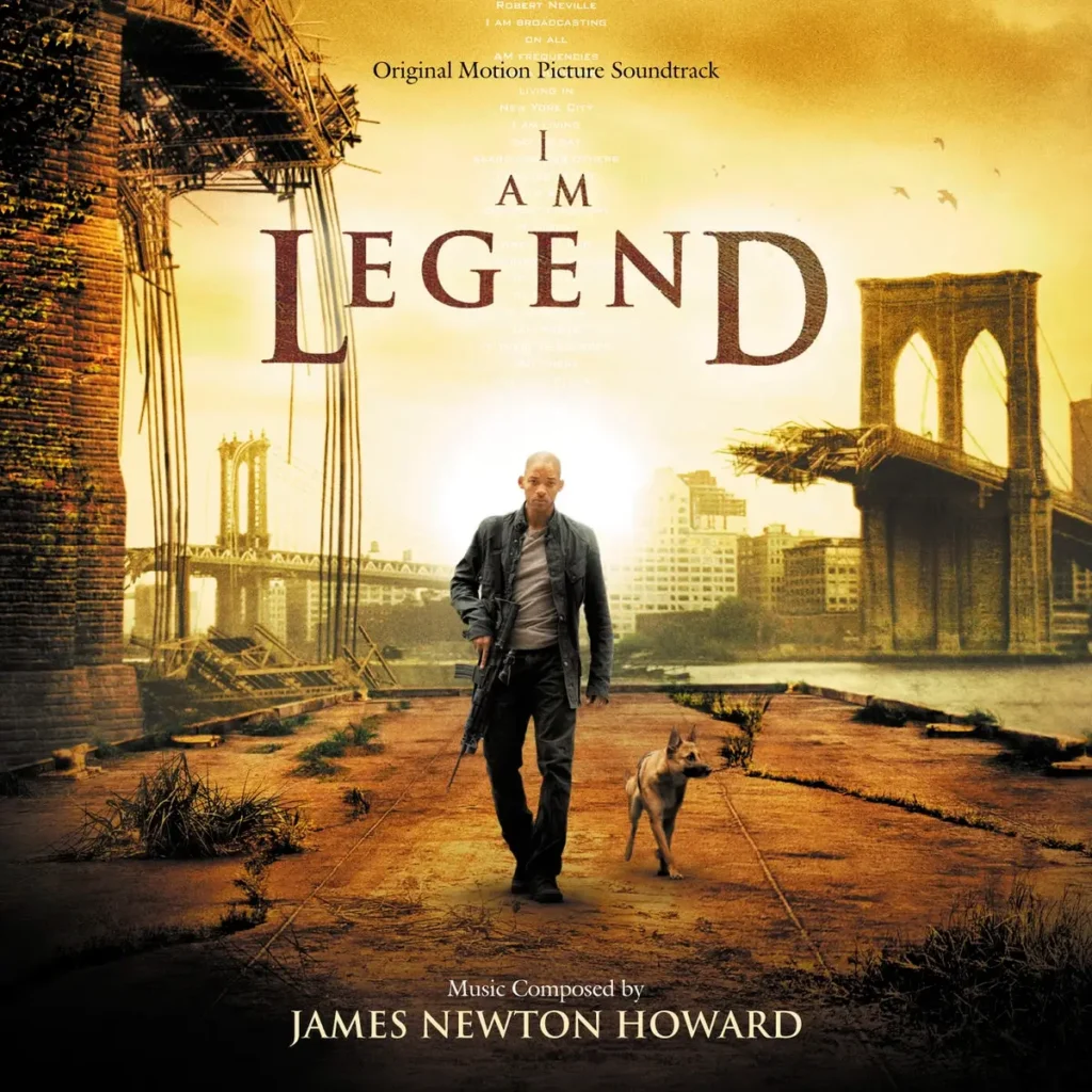 Capa da trilha sonora original de Eu Sou a Lenda (2007) com Will Smith como Robert Neville em cenário pós-apocalíptico