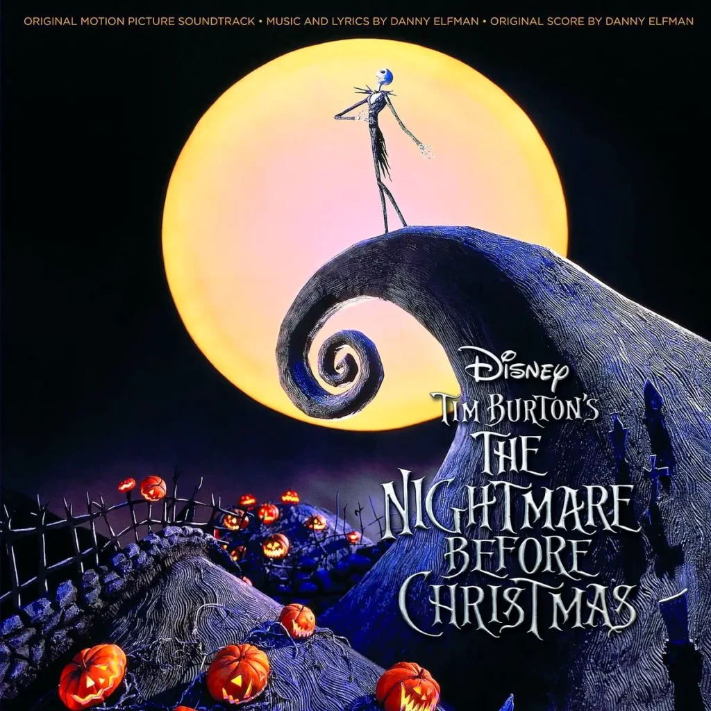 Capa da trilha sonora de O Estranho Mundo de Jack (1993), com Jack Skellington na colina em espiral diante da lua cheia em Halloween Town