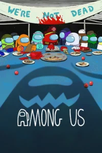 Pôster oficial da série Among Us (2026), mostrando os tripulantes reunidos em uma nave espacial enquanto a sombra ameaçadora do impostor domina o primeiro plano.