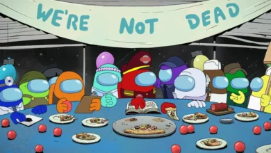 Cena da série animada Among Us (2026) mostra os tripulantes reunidos ao redor de uma mesa com pizzas, enquanto um cartaz com a frase "We're Not Dead" aparece ao fundo da nave espacial.