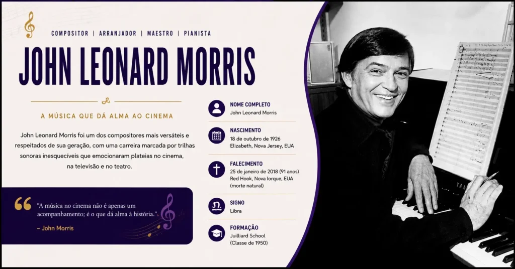 Arte biográfica do compositor John Leonard Morris, autor da trilha instrumental de Dirty Dancing: Ritmo Quente, com informações sobre nascimento, carreira e legado no cinema