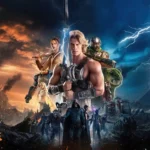 He-Man empunha a Espada do Poder em imagem promocional de Mestres do Universo (2026), cercado por aliados e inimigos em meio ao conflito pelo destino de Eternia.