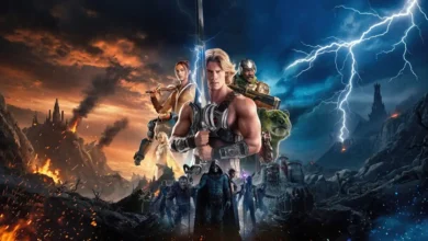 He-Man empunha a Espada do Poder em imagem promocional de Mestres do Universo (2026), cercado por aliados e inimigos em meio ao conflito pelo destino de Eternia.