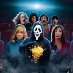 Imagem promocional de Todo Mundo em Pânico (2026) mostrando Ghostface sentado em uma sala de cinema com balde de pipoca, cercado por personagens assustados durante uma sessão de filme.