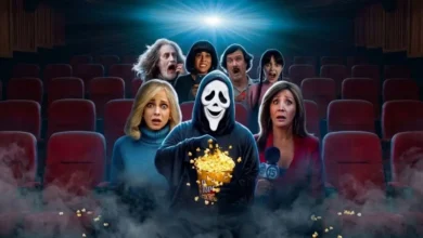 Imagem promocional de Todo Mundo em Pânico (2026) mostrando Ghostface sentado em uma sala de cinema com balde de pipoca, cercado por personagens assustados durante uma sessão de filme.
