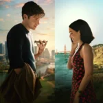 Zoey Deutch e Nick Robinson em cena do filme Mensagens para Isabelle (2026), conversando por telefone enquanto aparecem separados por uma composição dividida entre paisagens urbanas e litorâneas.