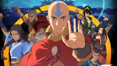 Imagem promocional de Avatar Aang: O Último Mestre do Ar (2026), com Aang em destaque ao centro, acompanhado por Katara, Sokka, Toph, Zuko e outros personagens principais da animação.
