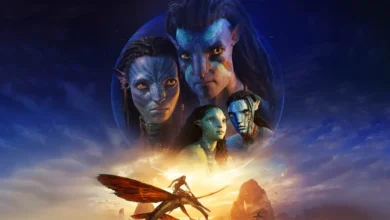 Arte oficial de divulgação de Avatar: O Caminho da Água (2022), mostrando Jake Sully, Neytiri e sua família em Pandora durante a sequência dirigida por James Cameron.