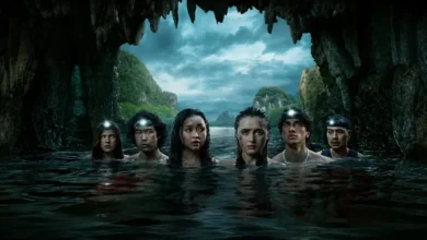 Kathryn Newton, Gavin Casalegno, Tayme Thapthimthong, Lana Condor, Tommi Rose e Nico Hiraga aparecem na água dentro de uma caverna em A Boca do Diabo (2026), filme de terror e sobrevivência do Prime Video