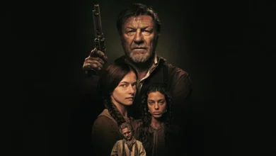 Imagem promocional de The Isolate Thief (2026) com Sean Bean, Mackenzie Foy e Philip McDermott Young em um pôster sombrio do faroeste de suspense.