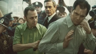 Giovanni Ribisi, Jon Hamm e Kristoffer Polaha em cena de American Hostage (2026), cercados por policiais durante uma situação de tensão.