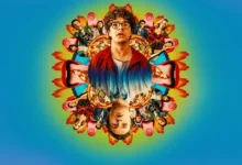 Texto ALT Elenco de Noite da Pizza (2026), com Jack Martin, Caleb Hearon, Marcus Scribner, Sean Giambrone, Lulu Wilson, Gaten Matarazzo, Peyton Elizabeth Lee e Sarah Sherman