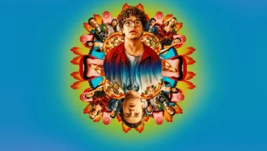 Texto ALT Elenco de Noite da Pizza (2026), com Jack Martin, Caleb Hearon, Marcus Scribner, Sean Giambrone, Lulu Wilson, Gaten Matarazzo, Peyton Elizabeth Lee e Sarah Sherman
