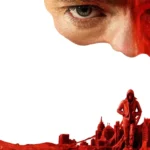 Tom Rhys Harries como Cara-de-Barro em imagem promocional do filme de 2026, com uma figura monstruosa de pele vermelha envolvendo uma cidade.