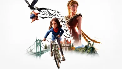 Personagens de O Bosque Selvagem (2026) em arte promocional com garota em bicicleta, mulher de tranças e corvos
