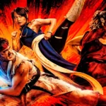 Andrew Koji, Noah Centineo e Callina Liang em imagem promocional do filme Street Fighter (2026), com os personagens em poses de combate e efeitos de energia.