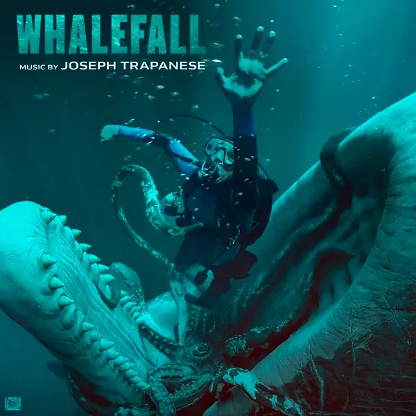 Capa da trilha sonora de Dentro da Baleia (2026), composta por Joseph Trapanese, com Austin Abrams como mergulhador diante de uma criatura marinha gigante.