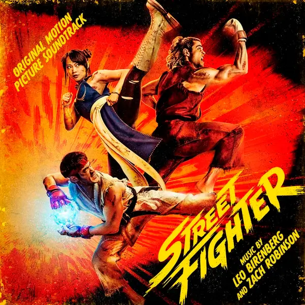 Capa da trilha sonora de Street Fighter (2026), com os personagens interpretados por Andrew Koji, Noah Centineo e Callina Liang em poses de combate, sobre um fundo vermelho e amarelo.